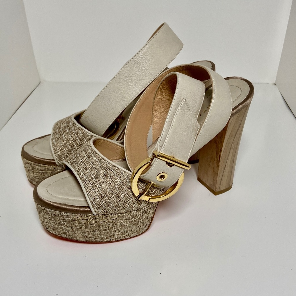 Barbara Bui Woven Material & Leather Ankle Wrap 70's Platform Chunky Wood Heels